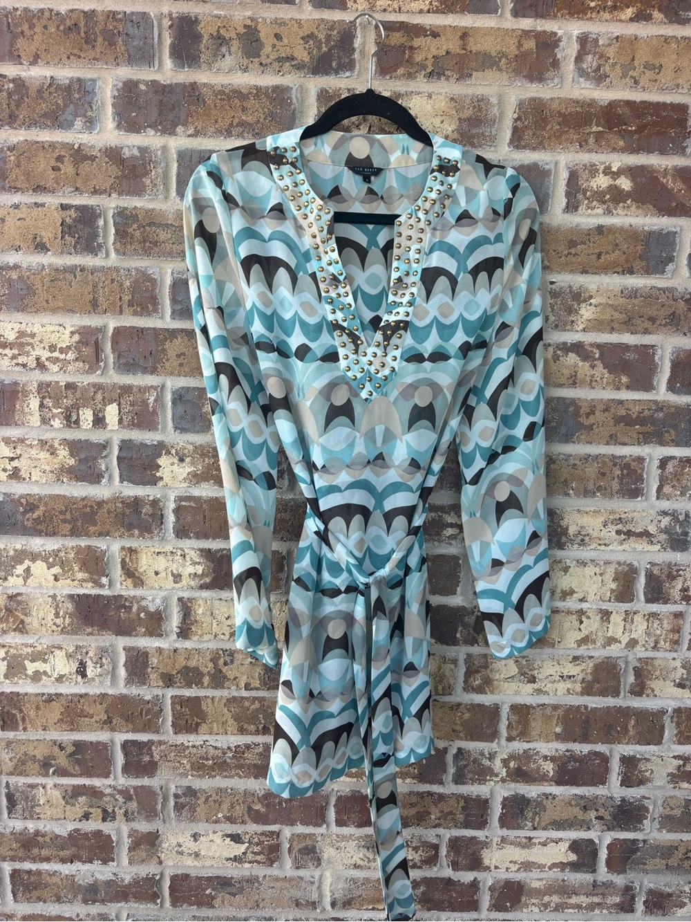 Ted Baker London Geometric Print Studded Tie Waist Tunic Top